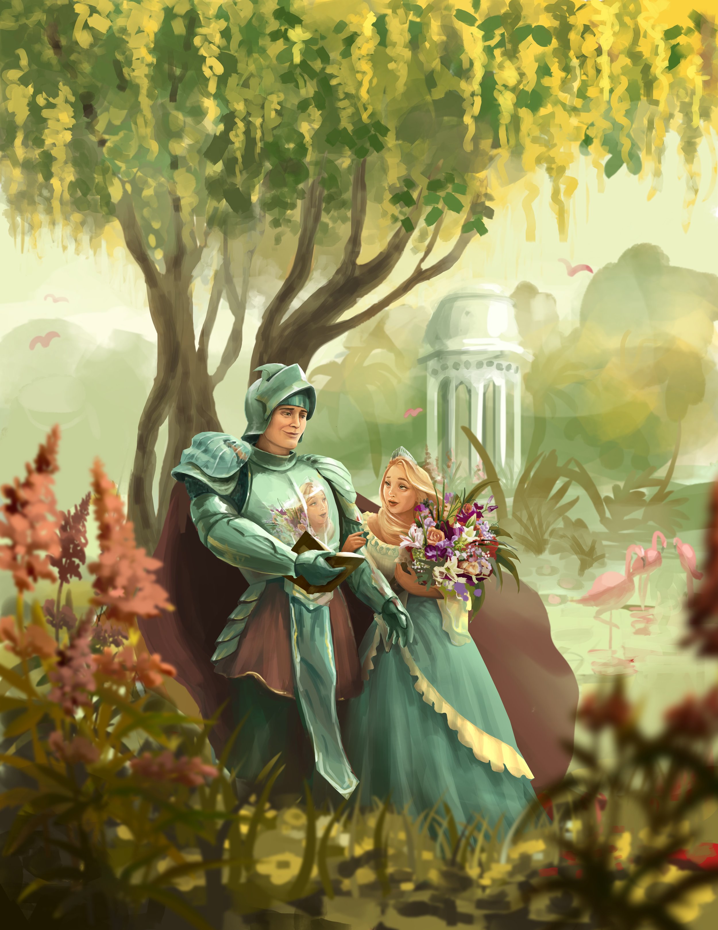 A woman dressed as a knight in armor and a woman in a green dress holding a bouquet, standing in a lush garden with pink flamingos and a white gazebo in the background.