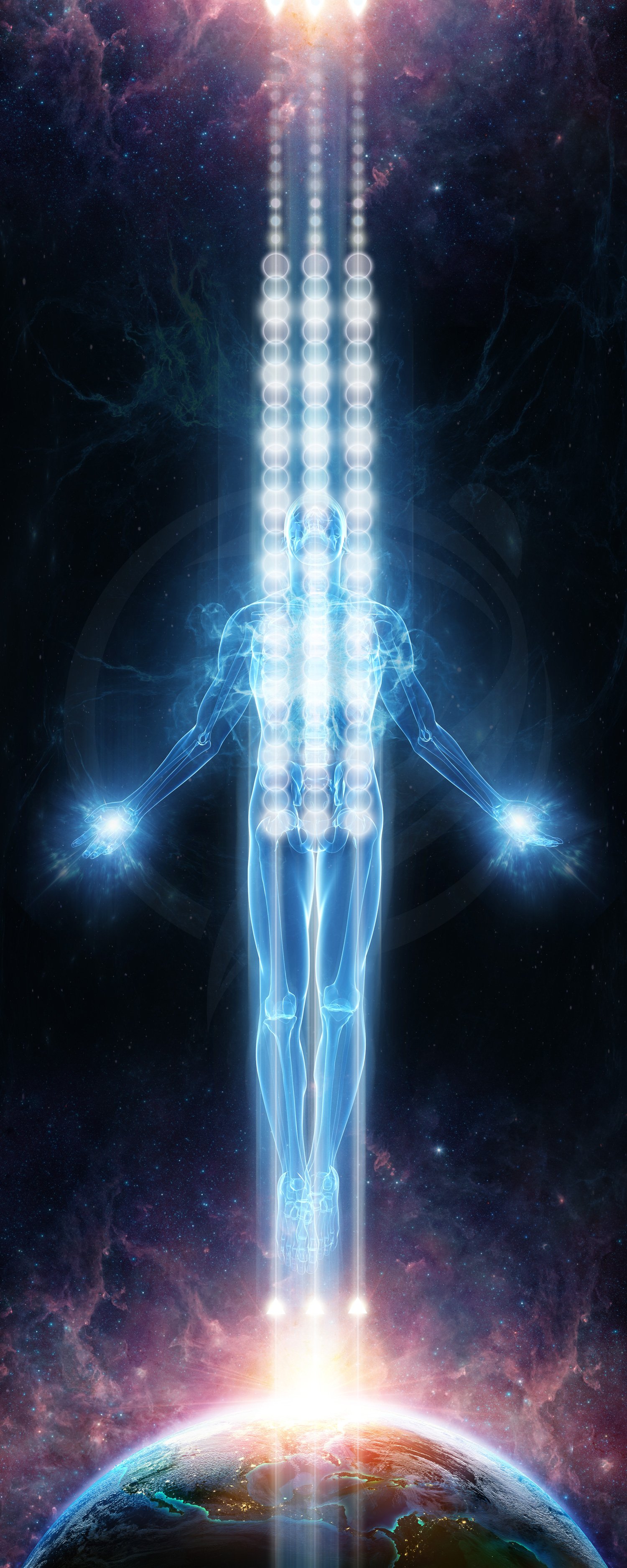 Digital illustration of a human figure with a transparent body and glowing points along the spine reaching toward a bright light in space above Earth, representing a connection between the universe and human energy.
