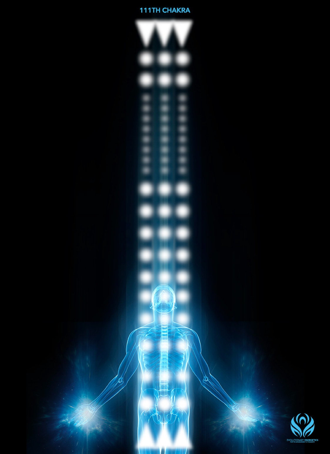 Digital illustration of a human figure with glowing bones and aura, with bright white and blue lights representing energy centers along the spine and energy flow upward, labeled '111th CHAKRA' at the top, with a logo in the bottom right corner.