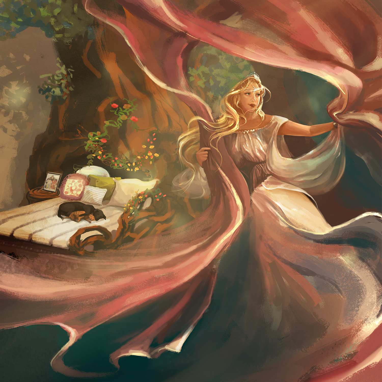 A blonde woman in a flowing dress stands. Her dress and curtains swirl around her in a whimsical scene. In the background, there is a cozy bed with pillows and a cat sleeping, surrounded by warm, colorful lighting and greenery.