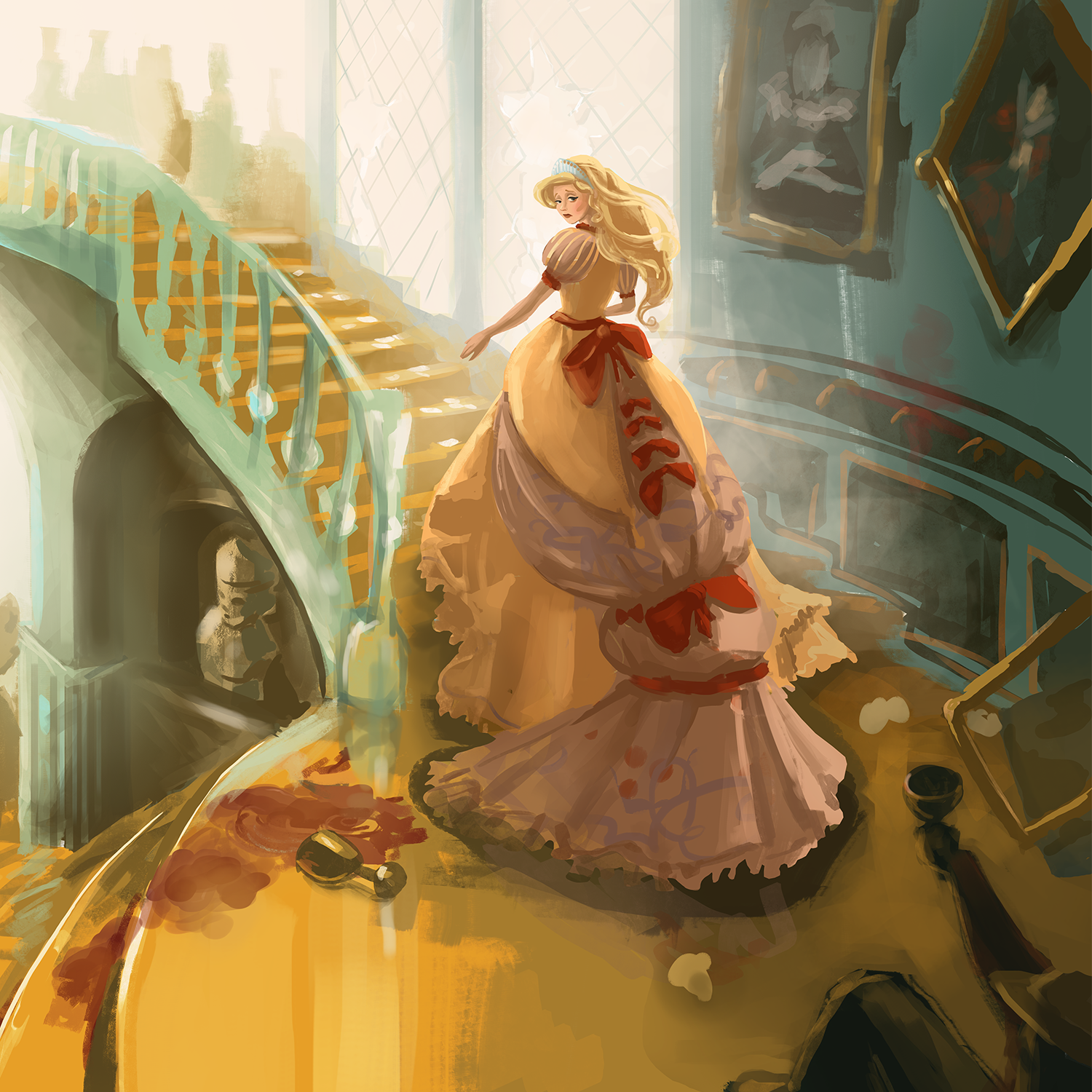 A young woman in a historic dress standing on a grand staircase inside a museum with paintings on the wall behind her.