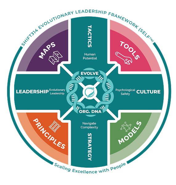 Circular diagram illustrating a leadership framework with segments labeled 'Tactics,' 'Tools,' 'Models,' 'Principles,' and 'Maps,' surrounding a central core of 'Evolve' with terms like 'Human Potential,' 'Psychological Safety,' 'Navigate Complexity,' and 'Evolving Leadership.'